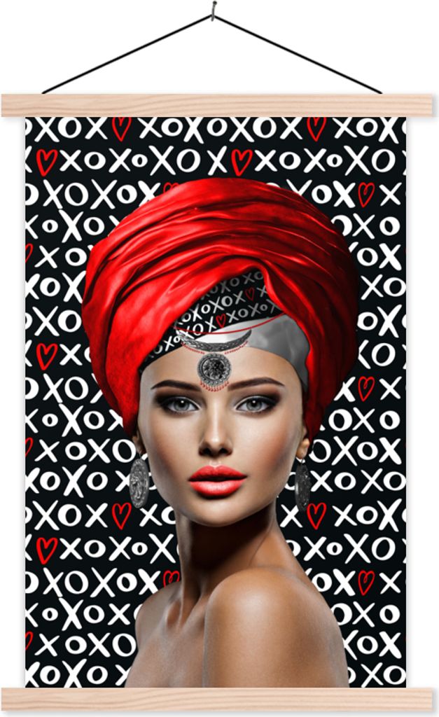 MuchoWow Textilposter Frau - Muster - Rot 40x60 cm mit holzfarbenen Rahmen - Poster