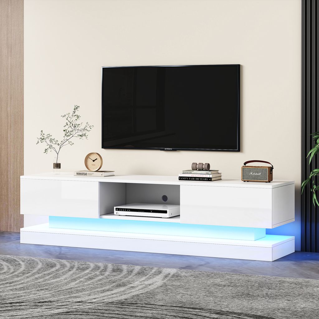Hochglanz TV-Schrank 160*35*40.5cmmit LED-Beleuchtung, 2 Schubladen, App-Steuerung, Anti-Kipp-Design, für 60-Zoll-Fernseher,tv board,Schrank, Weiß