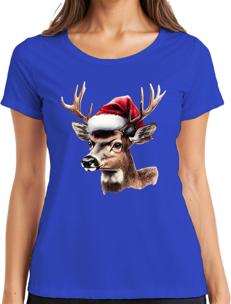 Weihnachtsrentier Hirsch Kopf Aquarell Weihnachtsmann Hut Retro Damen T-Shirt, Blau, XL