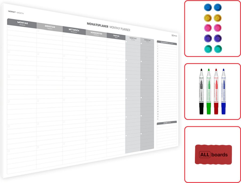 Magnetischer Monatsplaner 90x60cm für Monatsplanungen, einfach zu beschreiben Wochenplaner Wandkalender Memoboard Magnettafel auf Deutsch + 4 Mark...