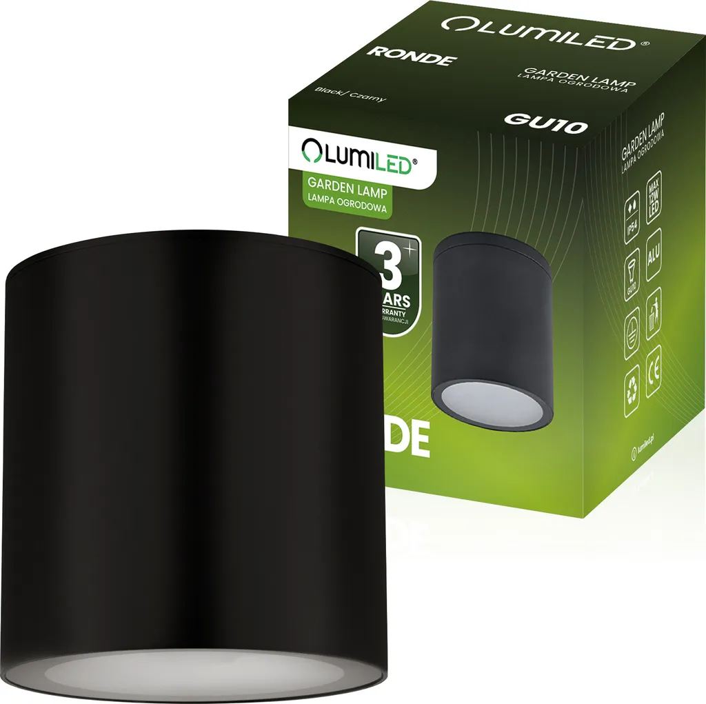 LUMILED Spot à poser 230V GU10 12W LED IP54 Noir en Aluminium et Verre