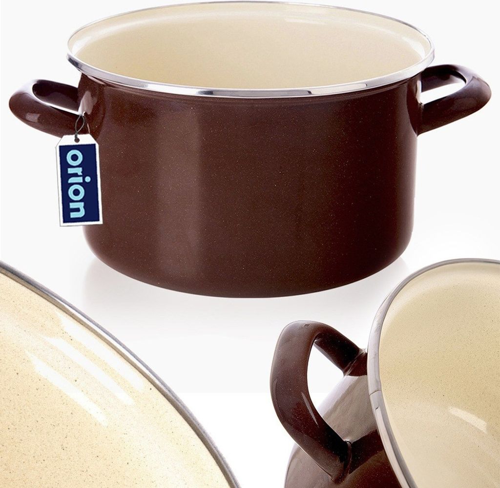 A brown enamel pot with cream interior and two handles, shown on a white background with a product tag.