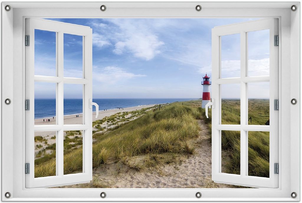 Wallario Outdoor-Poster für Garten oder Balkon 100 x 150 cm: Am Strand von Sylt Leuchtturm auf der Düne Panorama