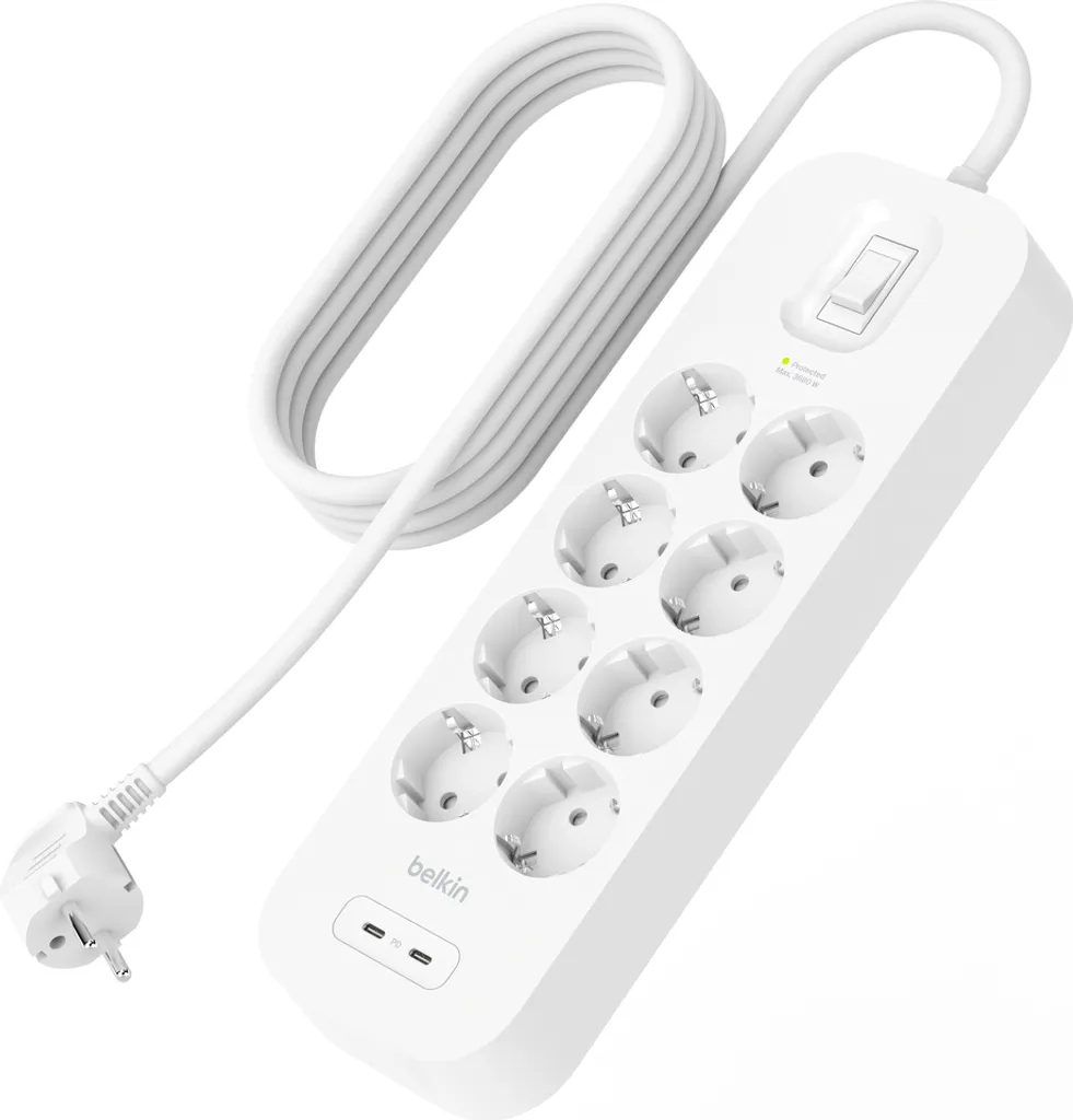Multiprise Belkin 8 Prises et USB-C 30W avec Cordon de 2m Haute Qualité