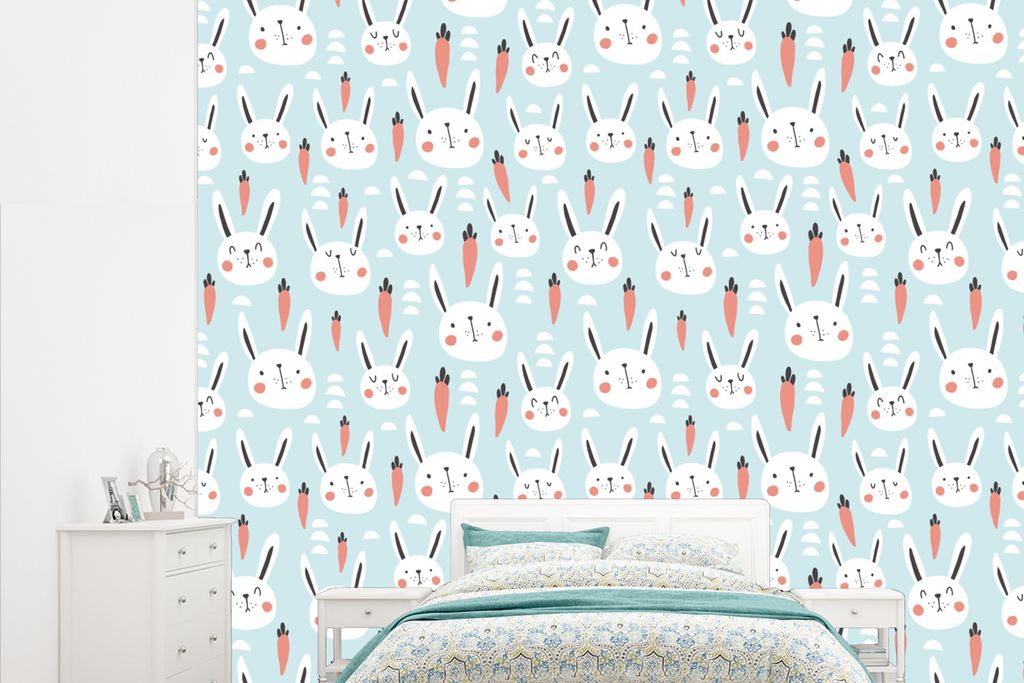 MuchoWow Fototapete für Wohnzimmer oder Schlafzimmer Wandtapete Vinyl Motivtapete Kaninchen - Tiere - Kind - 265x220 cm - Die Küche