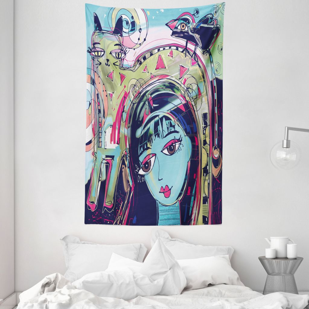 ABAKUHAUS Abstrakte Kunst Wandteppich und Tagesdecke, Avatar Frau Katze aus Weiches Mikrofaser Stoff Waschbar ohne Verblassen Digitaldruck, 140 x 2...