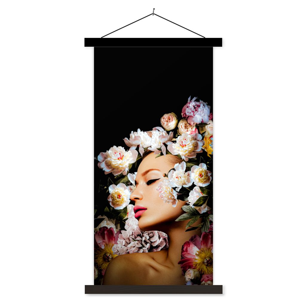 MuchoWow Textilposter Frauen - Blumen - Rosen - Porträt 60x120 cm mit schwarzem Rahmen - Magnete