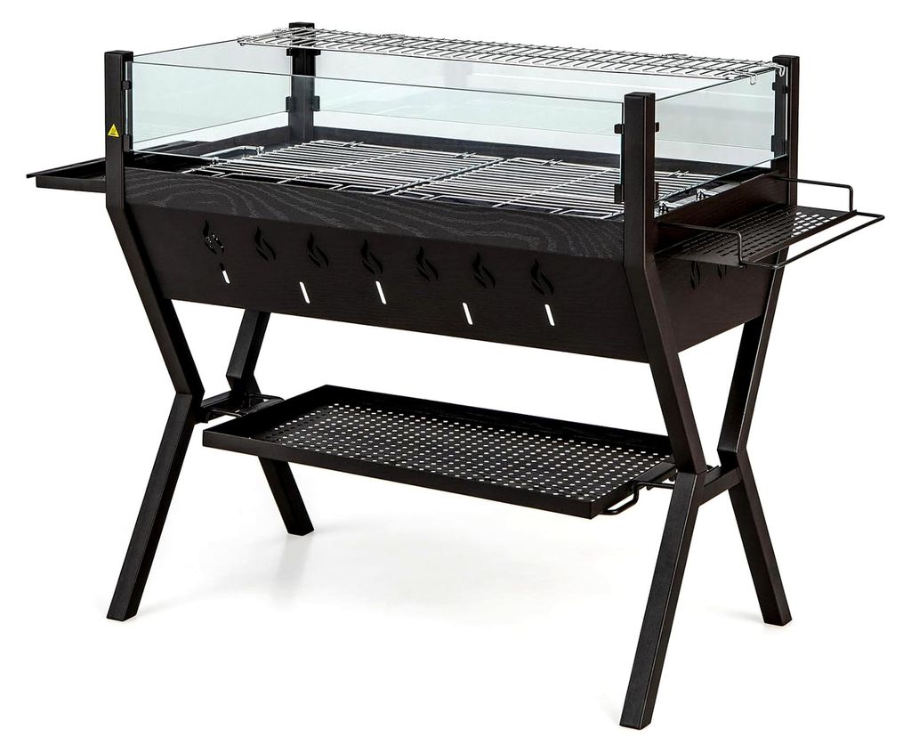 3 in 1 Holzkohlegrill, multifunktionaler Gartengrill aus Edelstahl mit großer Grillfläche, Windschutz und Ablagen für Picknick, Party, Camping, ...