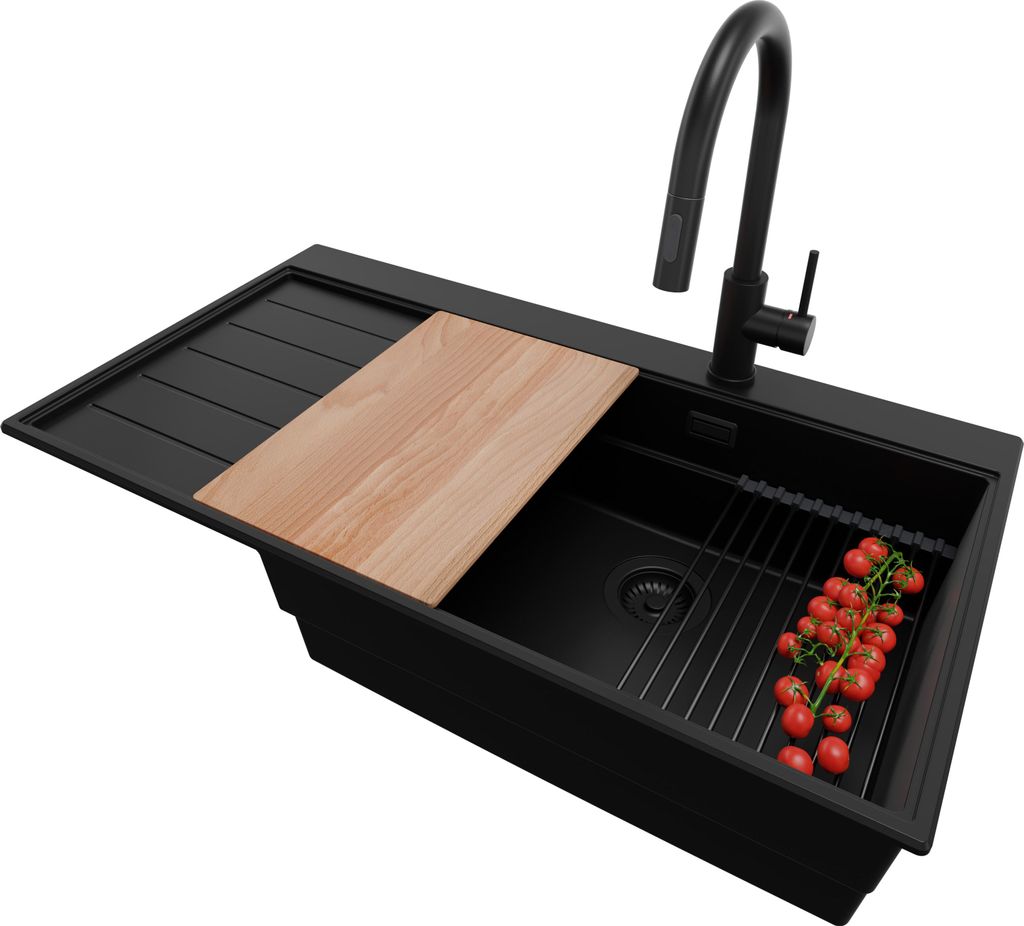 PRIMAGRAN Granitspüle Alles Schwarz 90x50cm, Spülbecken 1 Becken + Ablauf-Set + Küchenzubehörset, Küchenspüle ab 60er Unterschrank - Sydney