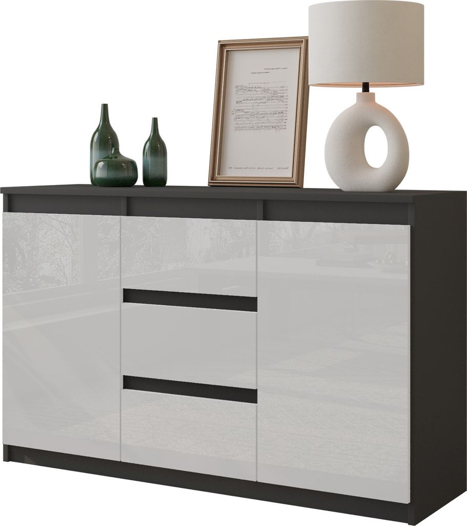 FURNICA - MIKEL - Kommode / Sideboard mit 3 Schubladen und 2 Türen - Anthrazit Grau / Weiß Gloss H75cm B120cm T35cm