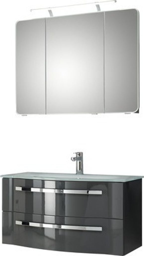 Badmöbel-Set Pelipal Xpressline 4005 BxHxT 92 x 122 x 49 cm Frontfarbe grau hochglanz mit Waschtisch Glas weiß und Wasch