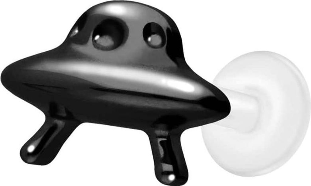 Ohrpiercing, Nasenpiercing PTFE Labret mit Innengewinde + Titan-Aufsatz UFO Schwarz Stablänge: 5mm | Stabstärke: 1,2mm