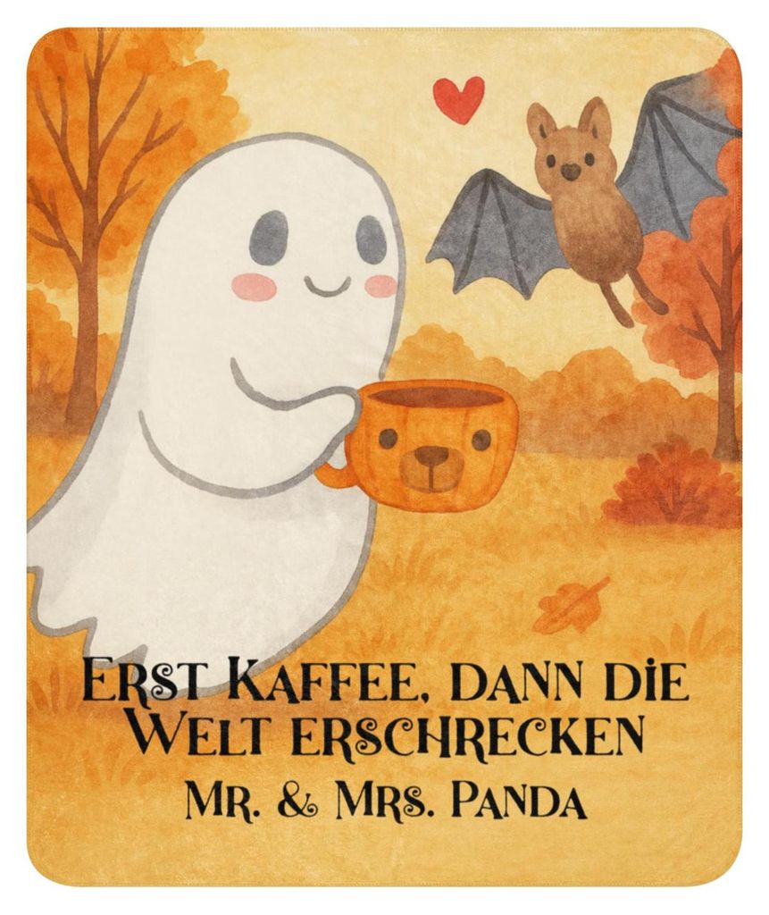 Mr. & Mrs. Panda Decke Gespenst Kaffee Design 130 x 155 cm - Weiß - Geschenk, Dekoration, Wohndecke, Wärmedecke, Tagesdecke, Plüschdecke, Kusche...