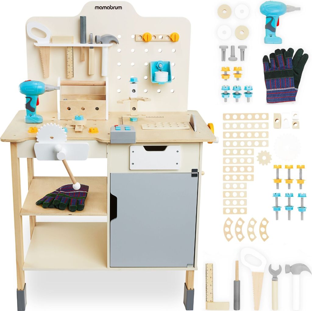 Große Kinder-Werkbank aus Holz mit Zubehör – 74-teiliges DIY-Set