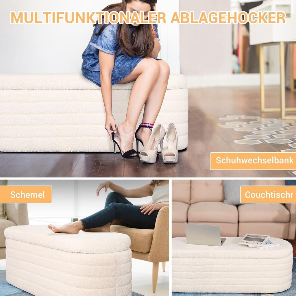 Sitzbank mit Stauraum, Schuhbank mit Sitzfläche, Teddystoff Produktbild 8