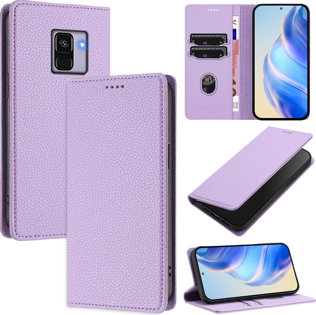 Litchi Leder Handyhülle für Samsung Galaxy A8 2018 Wallet Kartenfächer Standfunktion Hülle Violett