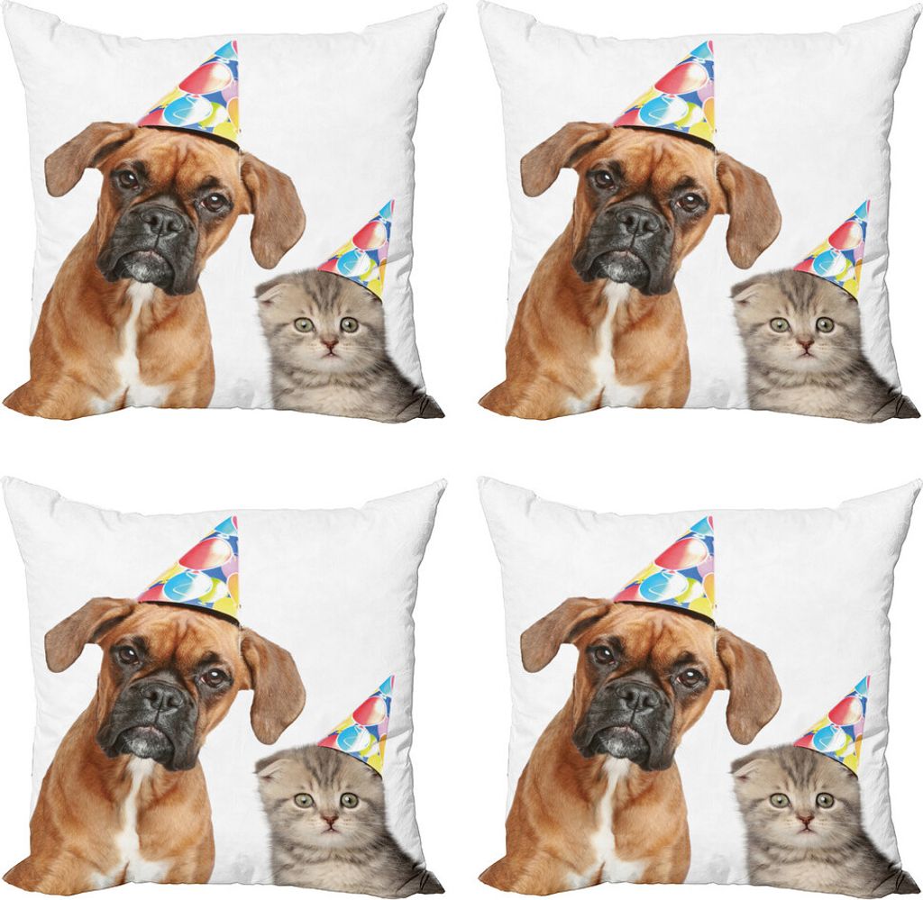 ABAKUHAUS Boxer-Hund Kissenbezug Set (4 Stück), Funny Dog Scottish Cat, Moderner Doppelseitiger Digitaldruck, 40 cm x 40 cm, Mehrfarbig
