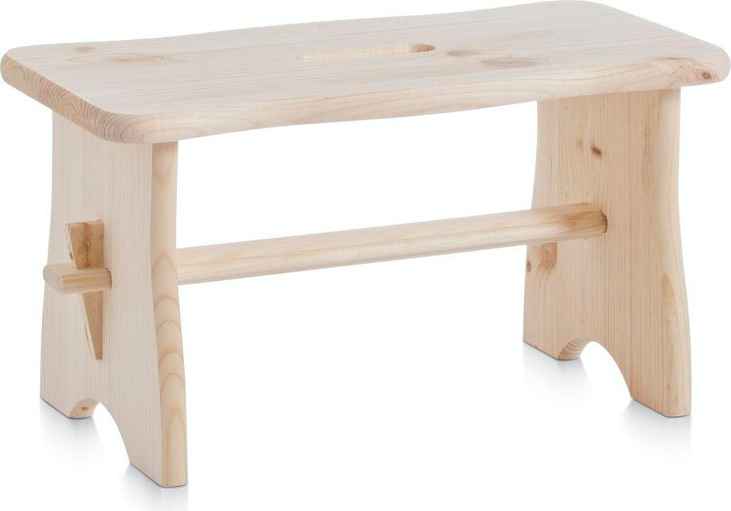 A simple wooden stool or bench shown against a white background.