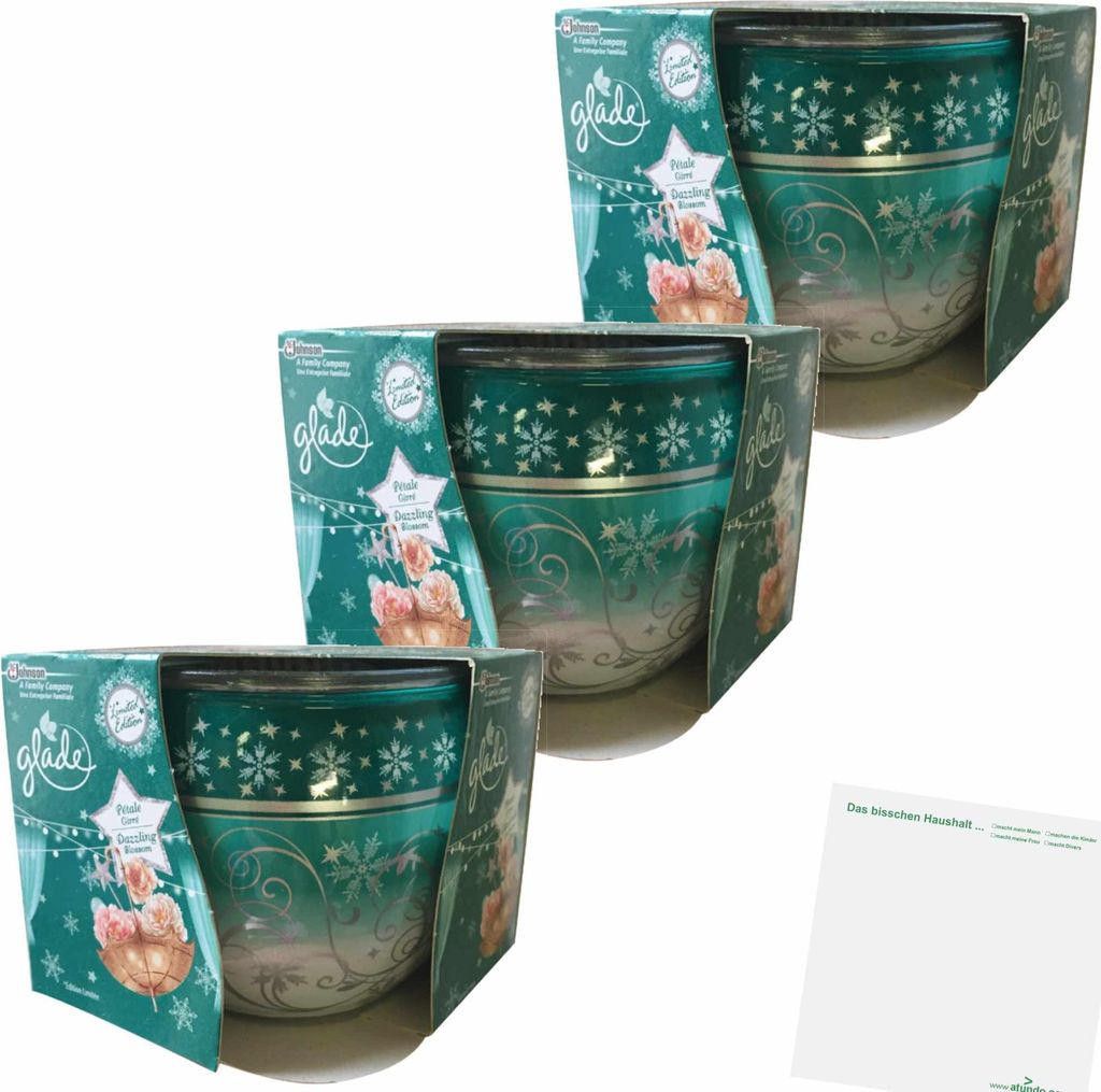 Glade Duftkerze Glitzernde Eisblume Kerze 3er Pack (3x120g Stück) + usy Block