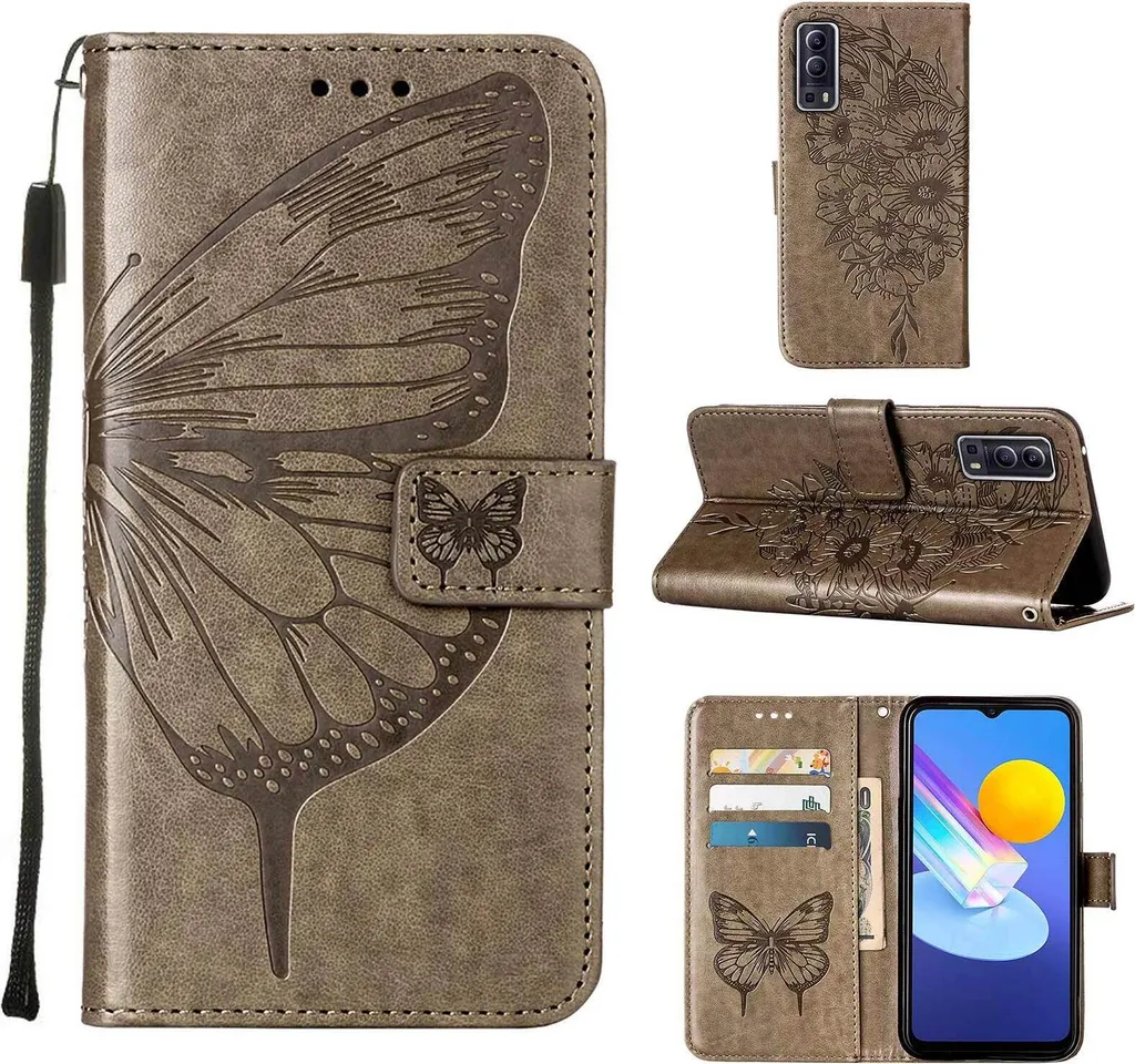 Custodia VIVO Y72 5G Grigio | Cover Farfalla Rilievo Flip con Stand