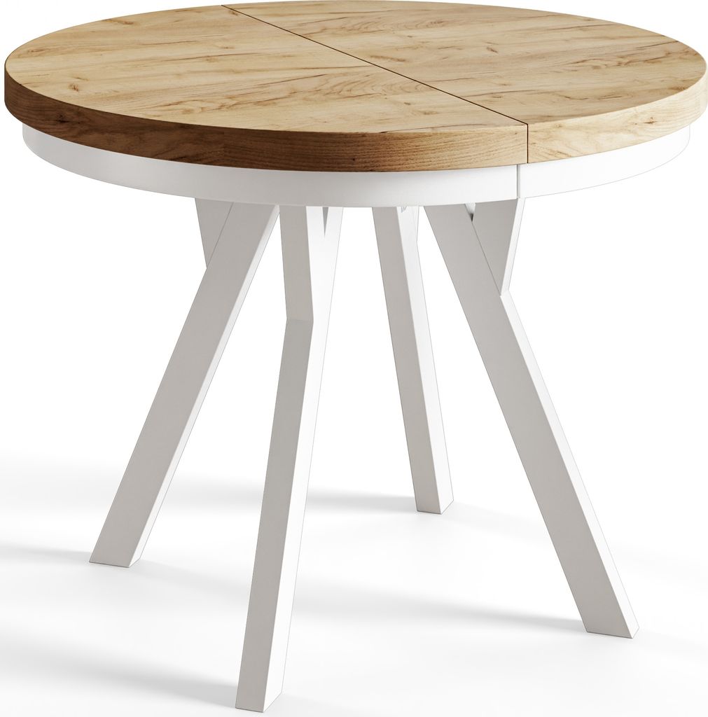 Runder Esszimmertisch EVO, ausziehbarer Tisch Durchmesser:120 cm bis 220 cm, Wohnzimmertisch Farbe: CRAFT, mit Stabile Beine in Farbe Weiß