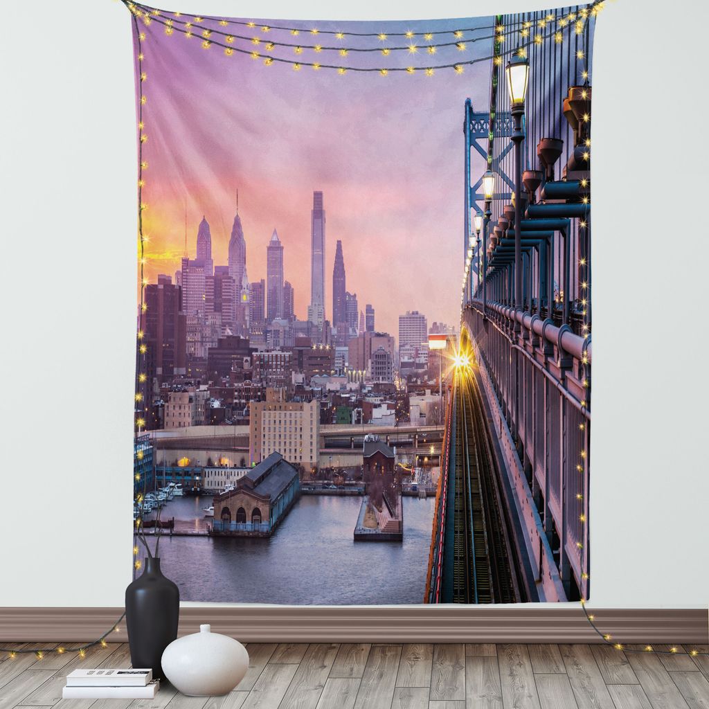 ABAKUHAUS amerikanisch Wandteppich, Philadelphia Unter Eine Dunstigen Sonnenuntergang Zug Auf Brücken Wolkenkratzer, Wohnzimmer Schlafzimmer Seidi...