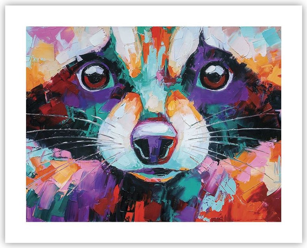 Poster - Poster ohne Rahmen - Waschbär Bunt Öl - 50x40 cm - Wand Bild - Wanddeko - Wandbilder - Kunstposter - Wandposter - Bilder - Kunstdruck - ...