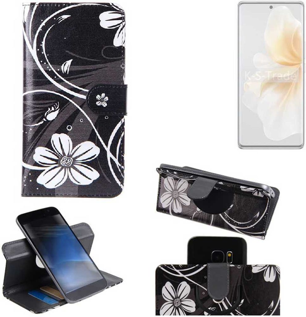 K-S-Trade Schutzhülle Handyhülle kompatibel mit Vivo V40 Lite 5G Hülle 360° Wallet Case “Flowers“ Klapphülle Hülle schwarz-weiß 1x