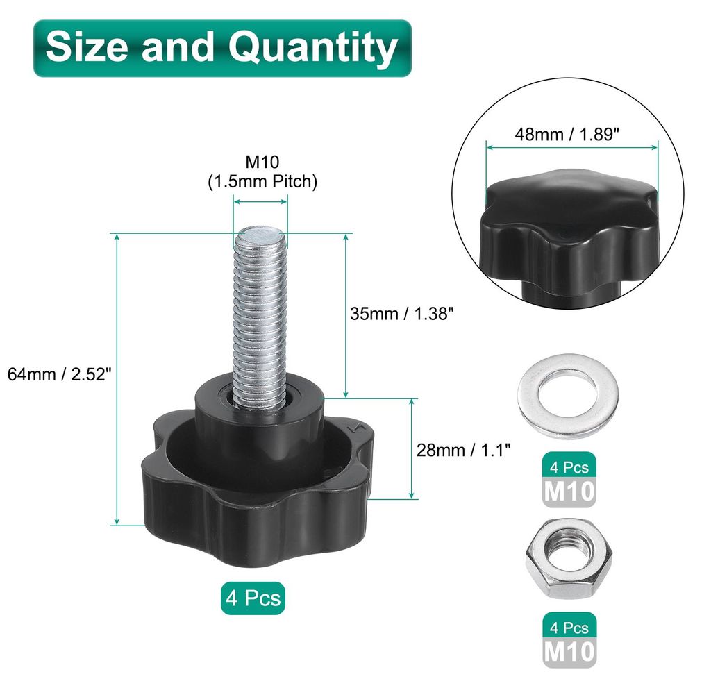 4 Stš¹ck Sterngriffschraube M10 x 35mm mit Muttern Unterlegscheiben, Sterngriff R?ndelschraube Verzinkter Kohlenstoffstahl 48mm Sterngriffmutter ...