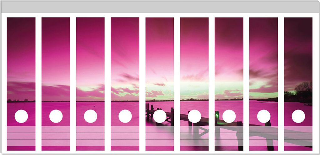 Wallario Ordnerrücken Sticker, selbstklebend für breite Ordner, 9 Stück, Motiv Steg bei Abenddämmerung -Himmel bei Nacht Lila gefärbt