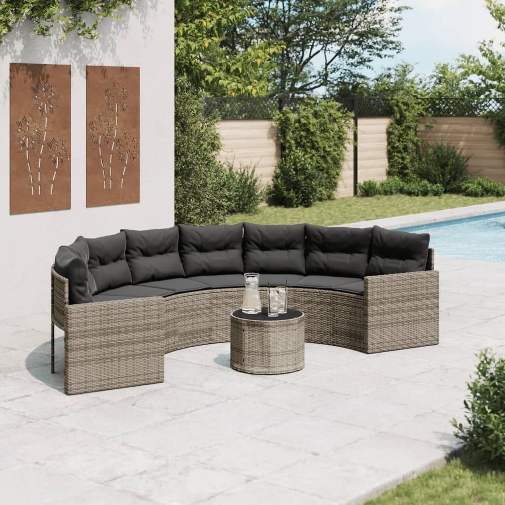ZMH Gartensofa mit Tisch und Kissen Halbrund Grau Poly Rattan
