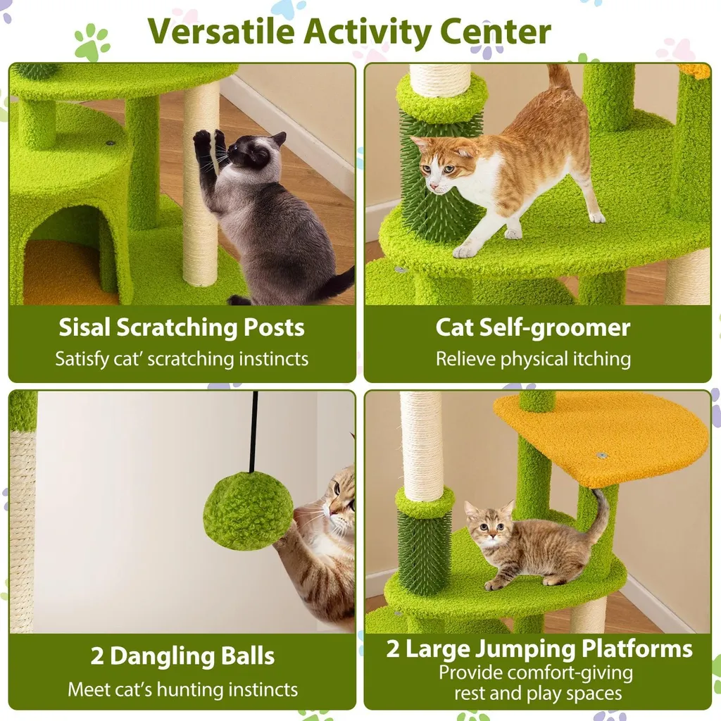 Arbre à chat design 4 niveaux avec griffoir sisal et feuillage vert