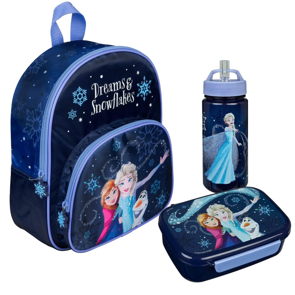 Frozen Kindergarten Set, Rucksack mit Trinkflasche und Brotdose im Set, Mädchen Blau Elsa