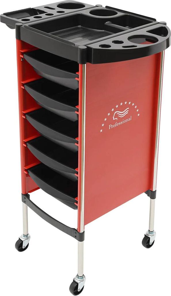 Friseurwagen Salonwagen - Rechteckiger 6-stöckiger Rollwagen - 5 Schubladen - 4 Rollen - 15 kg Tragkraft je Ablage - 36 x 85,5 cm - Rot