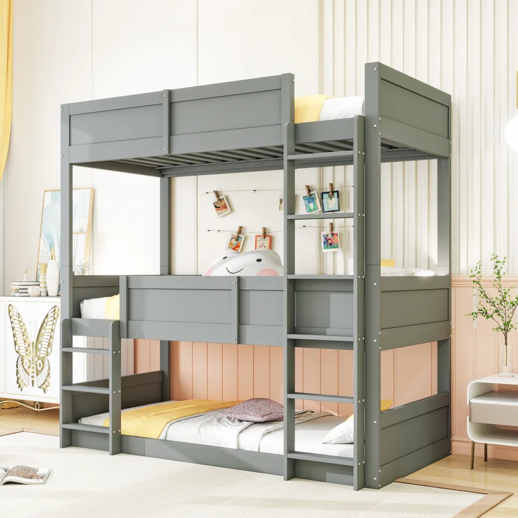 Lit superposé Merax 90x200 cm gris avec sommier à lattes et barrière