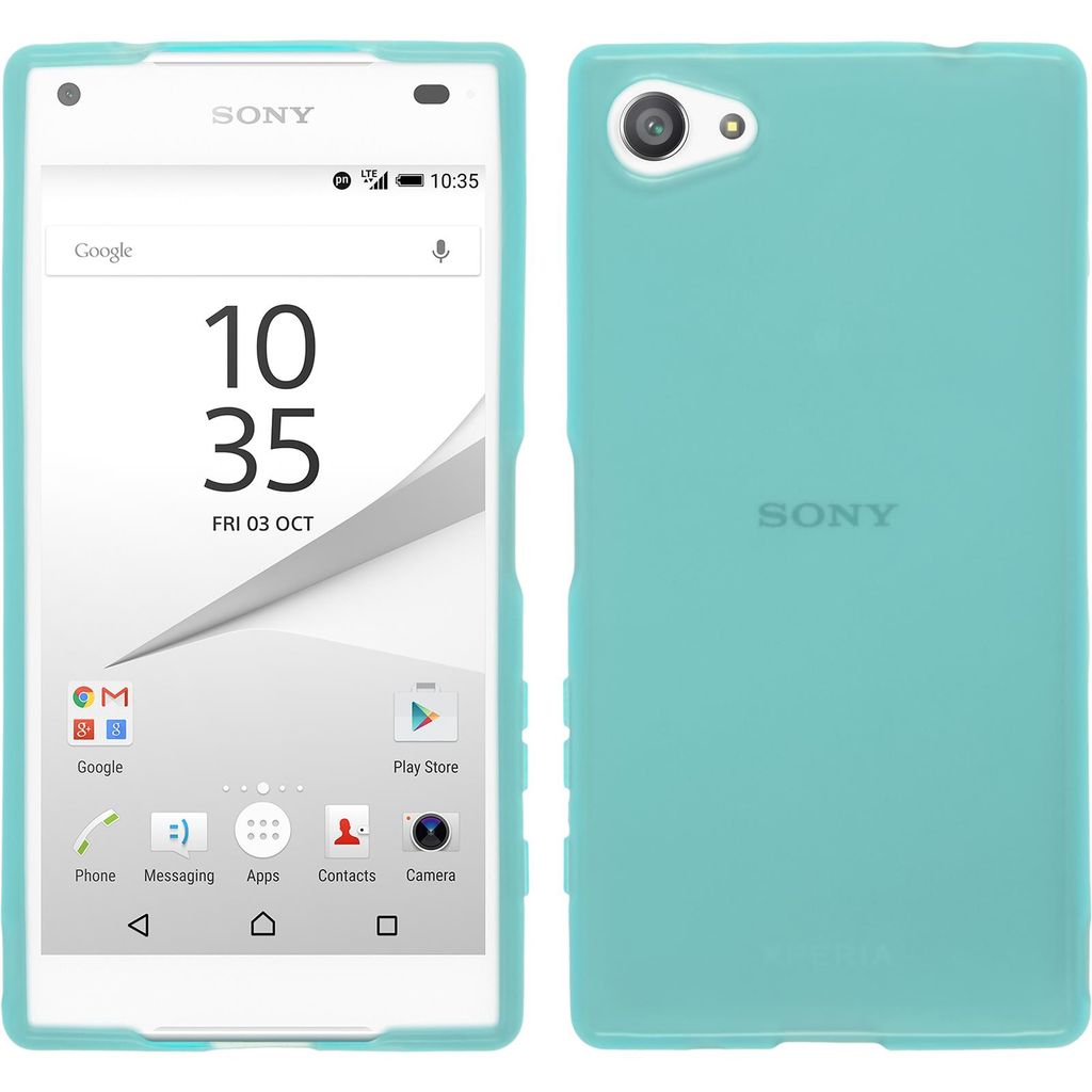 A product shot of a turquoise phone case for a Sony Xperia Z5 Compact, shown from the front and back.