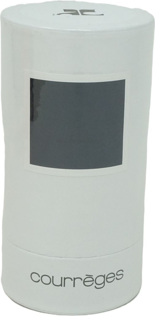 A white cylindrical product with a dark gray square window and the brand name 'courreges' at the bottom.