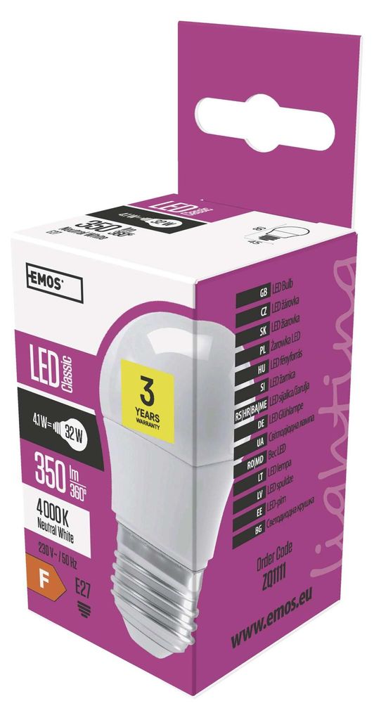 EMOS LED Lampe CLASSIC 4,1 W Mini Globe G45, ersetzt 32 W Glühbirne, E27 Sockel, 350 Lumen, Neutralweiß – 4100 Kelvin, ZQ1111