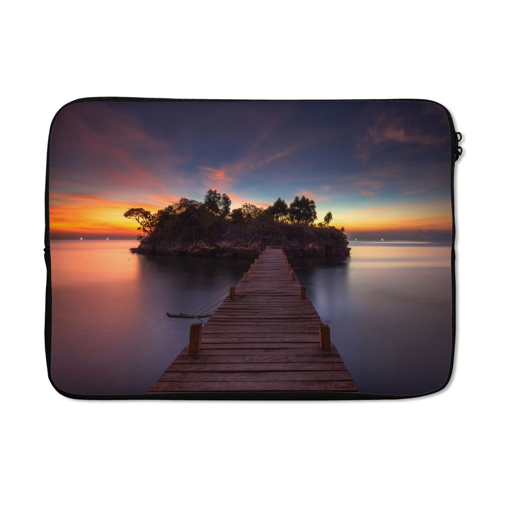 MuchoWow Laptop Hülle 14 ZollSonnenuntergang - Brücke - Bäume - Wasser - Insel Laptoptasche - Laptoptasche - Stoßsicher - Schutzhaube