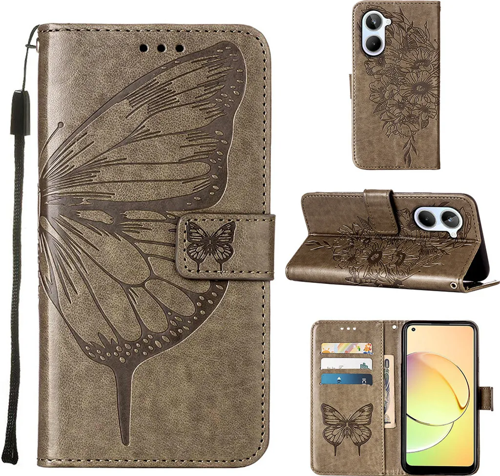 Cover Portafoglio Realme 10 4G - Custodia in Pelle Farfalla Grigio
