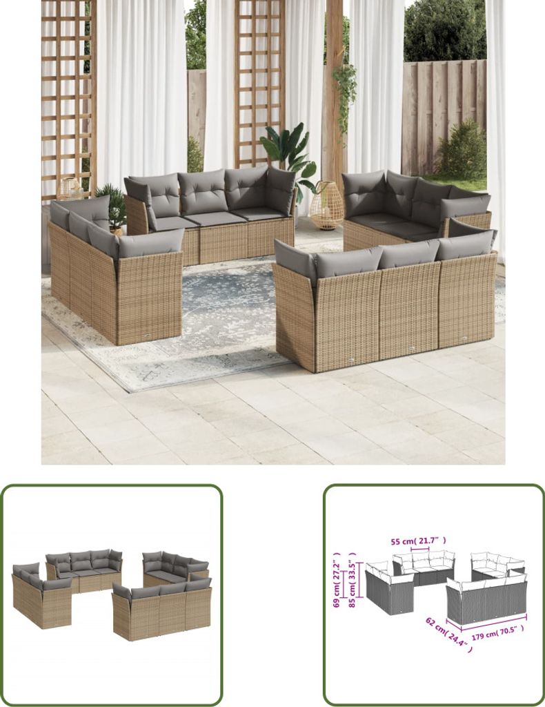 The Living Store 12-tlg. Garten-Sofagarnitur mit Kissen Beige Poly Rattan