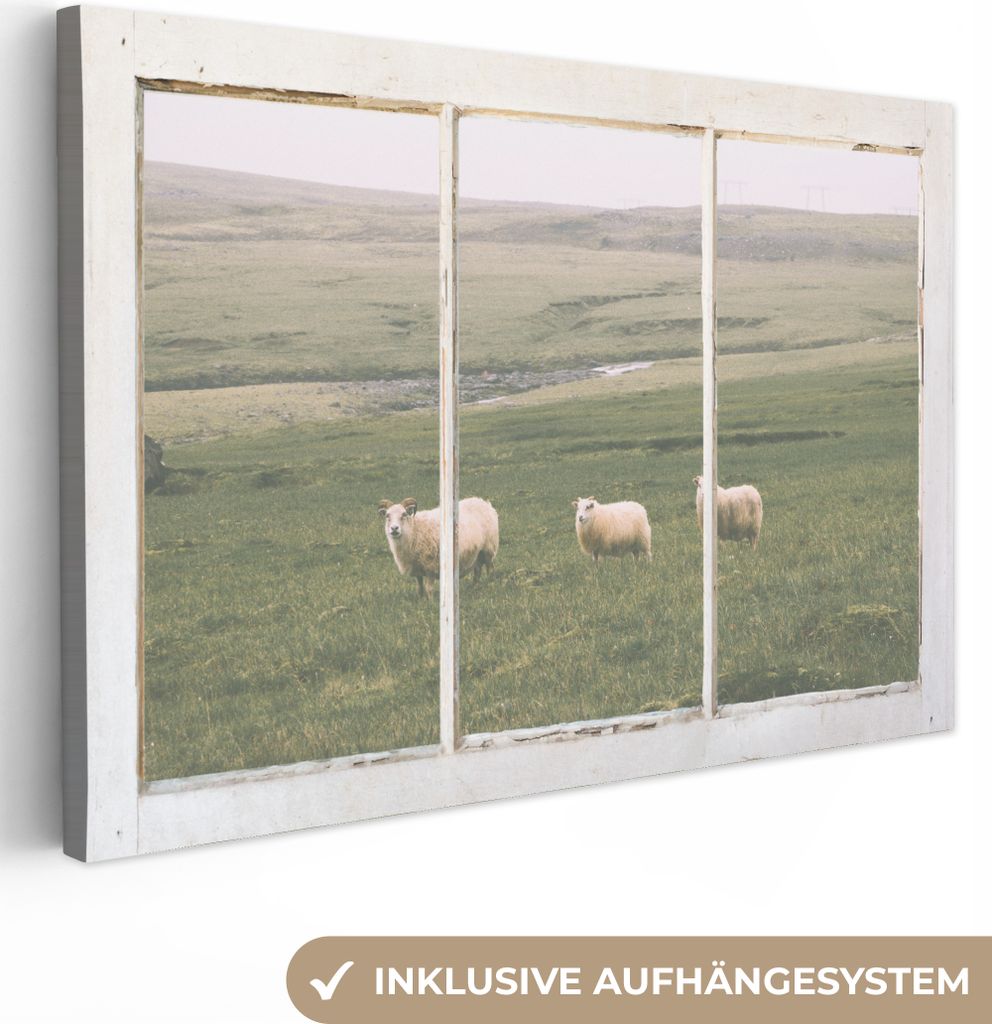 OneMillionCanvasses - Leinwandbilder - 140x90 cm, Durchschauen - Schafe - Gras, Wandbilder Kunstdruck Wanddekoration
