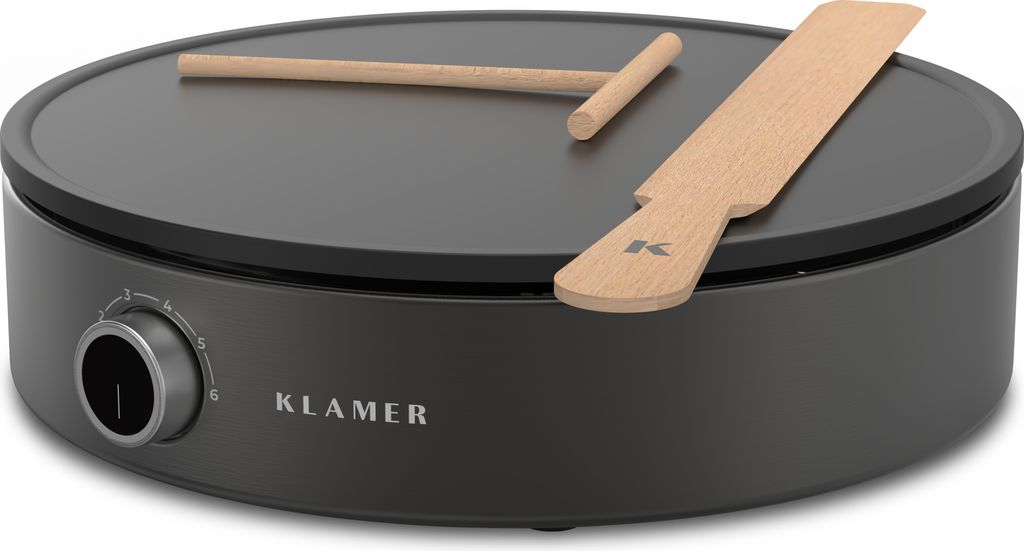 KLAMER Crepes Maker, Große Backfläche mit 33cm Ø, antihaftbeschichtete Platte, inkl. Teigverteiler und Wender aus Holz, Crepes Eisen für Crepes...