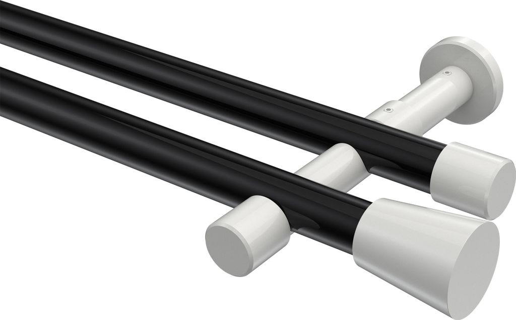 Interdeco Gardinenstange / Vorhangstange Schwarz / Weiß, Typ Prestige Sitra (Konus) ohne Ringe, 20 mm Ø 2-läufig, 240 cm