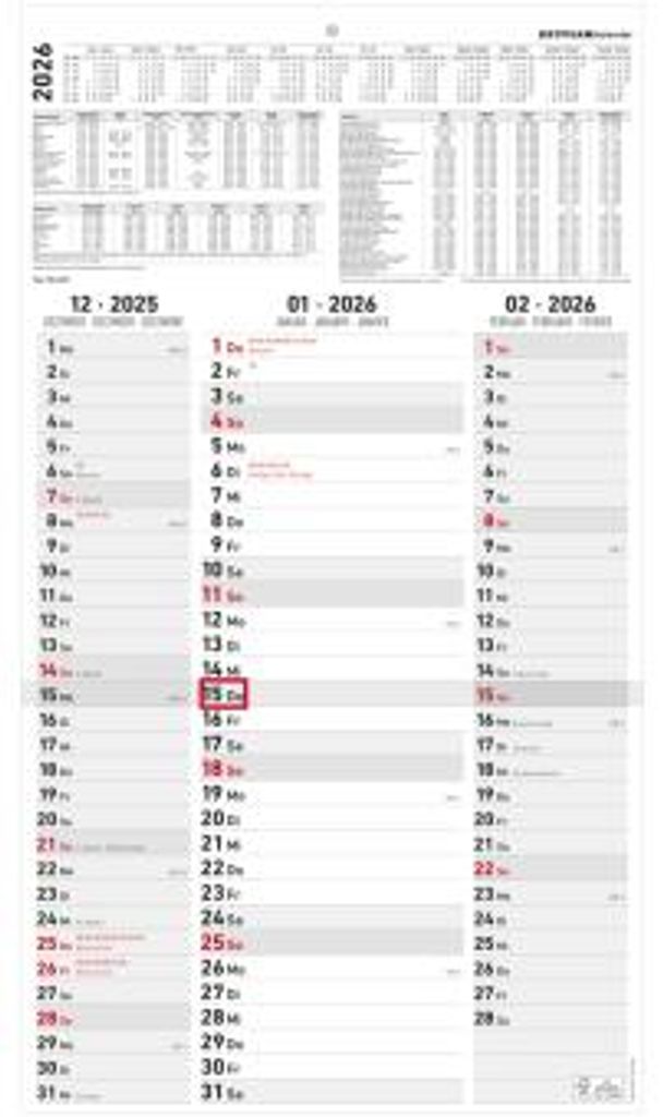 Zettler 3-Monatskalender Streifenplaner 2026 - Wandkalender 33 × 59 cm, 3 Monate pro Blatt mit Datumsschieber, Monatsübersicht Dez. 2025-Jan. 202...