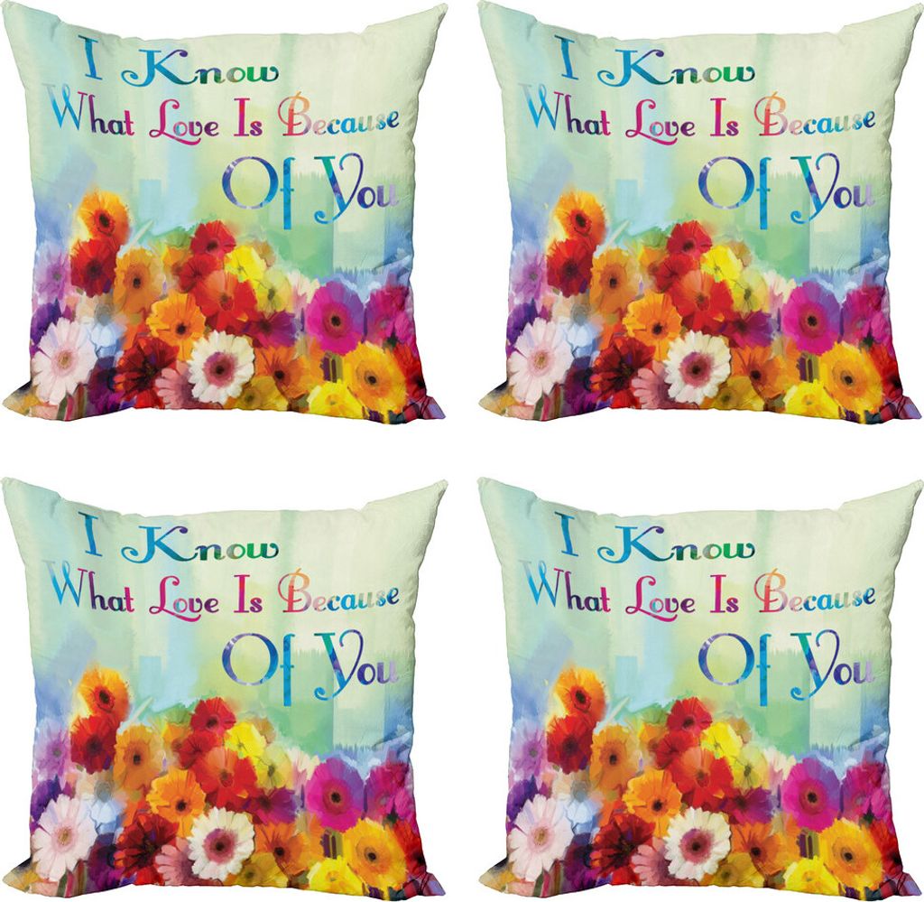 ABAKUHAUS Sprichwort Kissenbezug Set (4 Stück), Romantische Wörter mit Blumen, Moderner Doppelseitiger Digitaldruck, 50 cm x 50 cm, Mehrfarbig