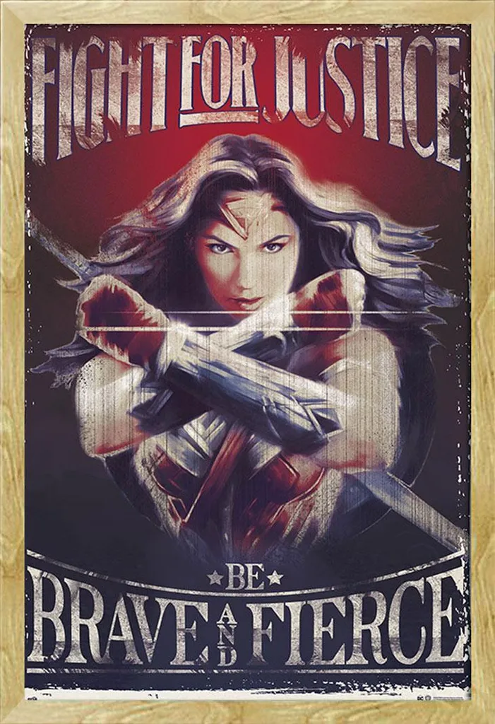 Poster Wonder Woman Brave and Fierce avec Cadre Maxi MDF Hêtre Shinsuke