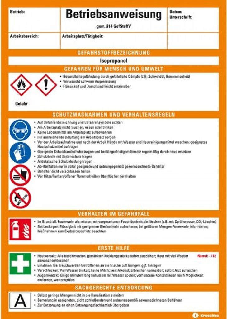 Dreifke Betriebsanweisung Isopropanol, CLP/GHS, Kunststoff, 210x297mm, ASR A...