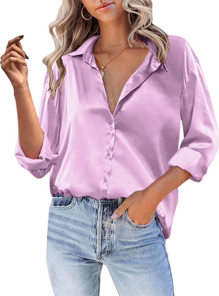 ASKSA Damen Satin Bluse V-Ausschnitt Hemde Elegant Knoepfen Oberteile Casual Einfarbig Tunika Langarmshirt (Violett,L)