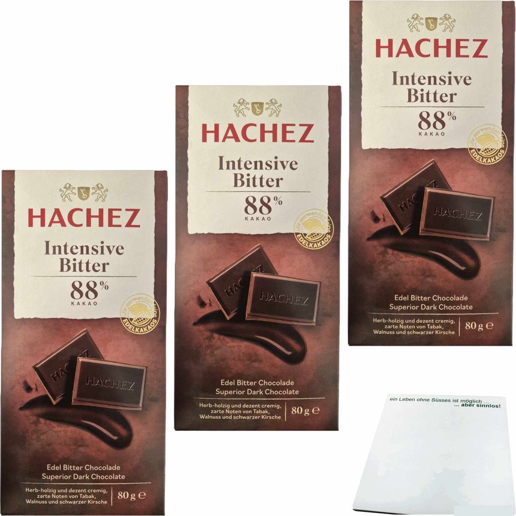 Hachez Schokolade Intensive Bitter 88% 3er Pack (3x80g Tafel) + usy Block